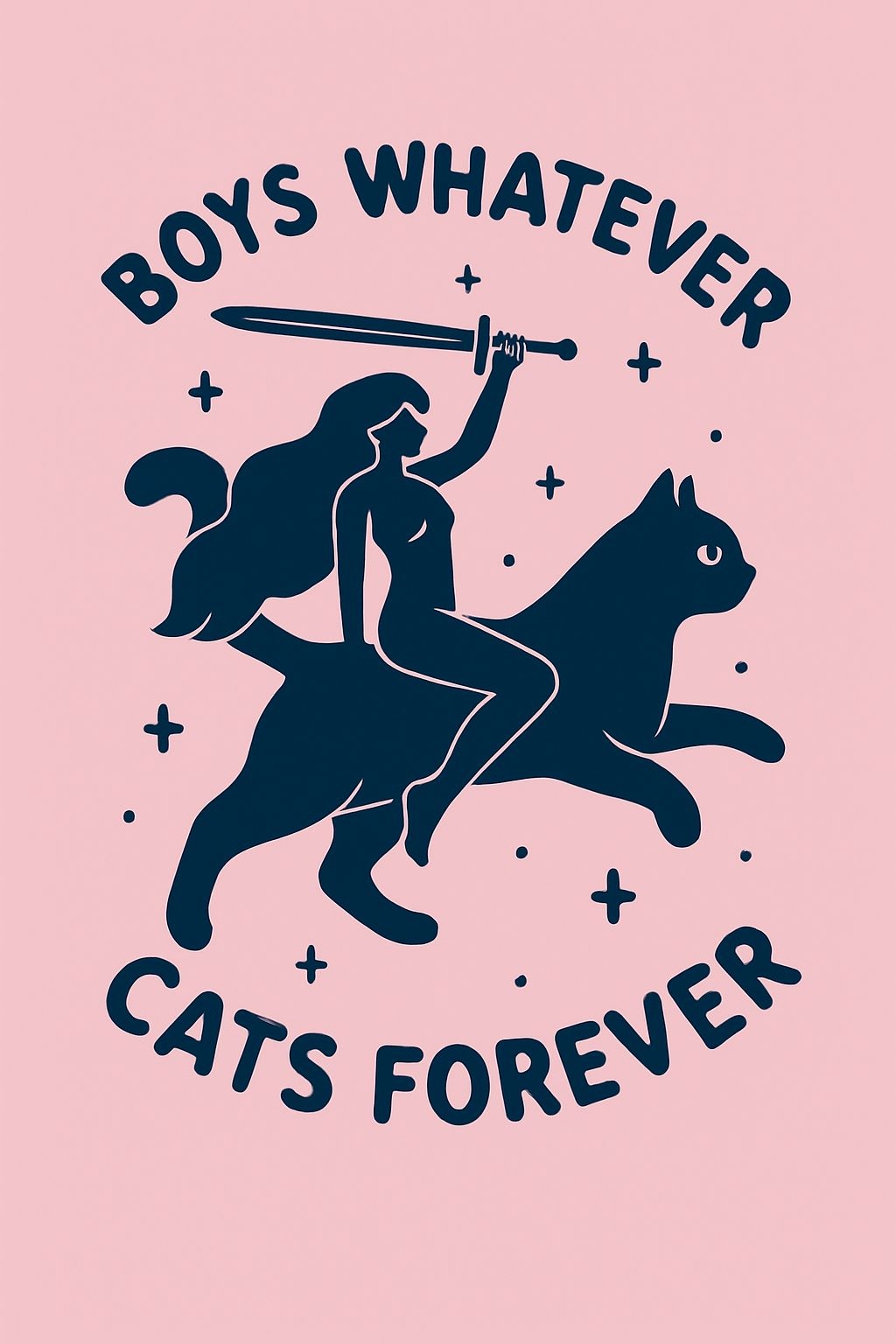 Whimsical Nude Woman Riding Cat with Sword Graphic Poster