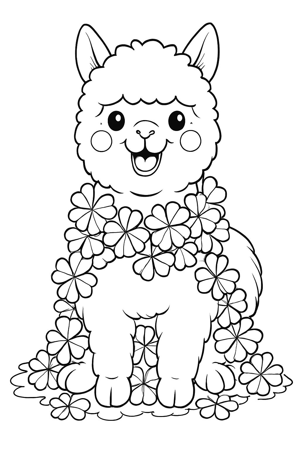 Cheerful Cartoon Alpaca with Clover Garland Coloring Book Page