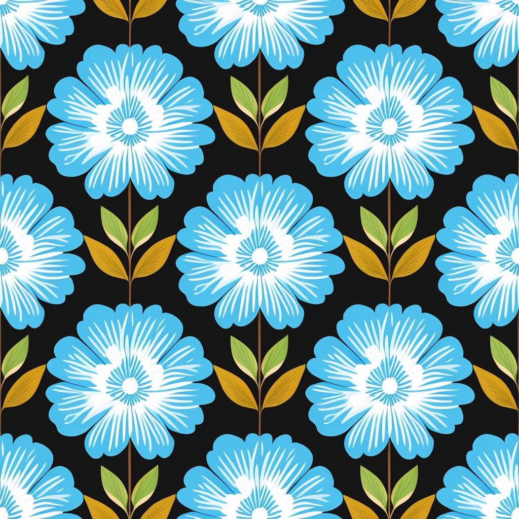 Stylized Floral Seamless Pattern in Sky Blue and Black Background Seamless Pattern