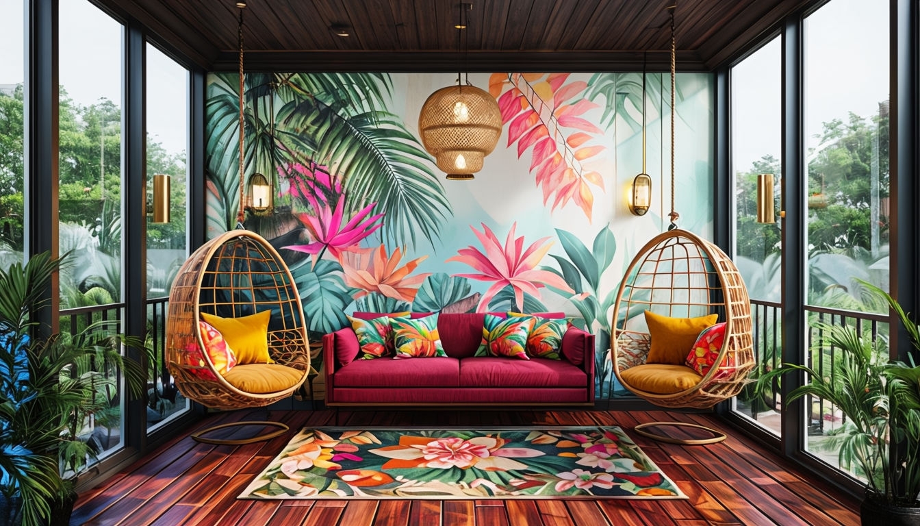 Vibrant Tropical Balcony Oasis Interior Design Poster