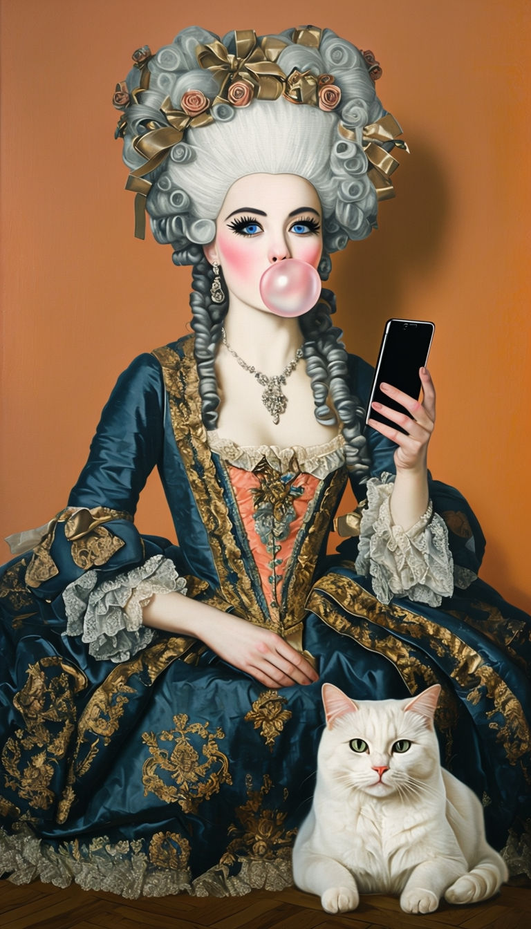 Woman in Rococo Gown Blowing Bubblegum 