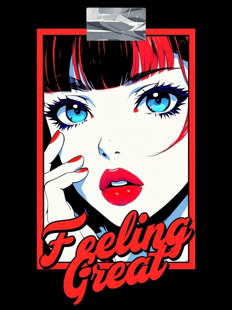 Anime Woman with Crimson Lips and Sky Blue Eyes Poster