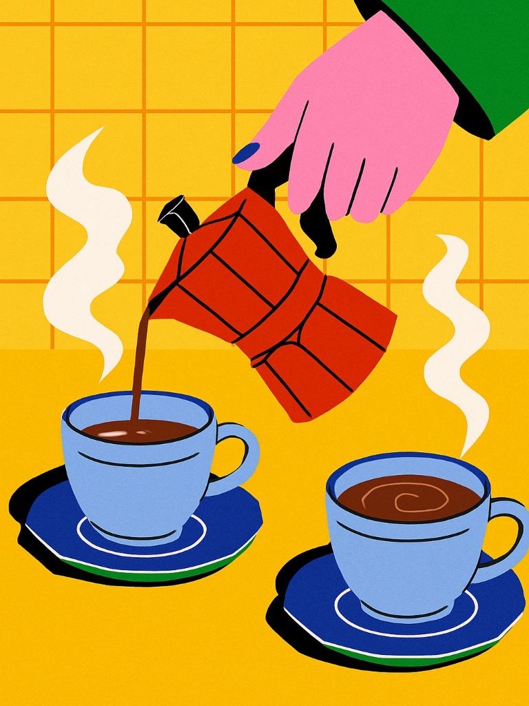 Vibrant Modernist Coffee Pouring Scene Illustration Poster