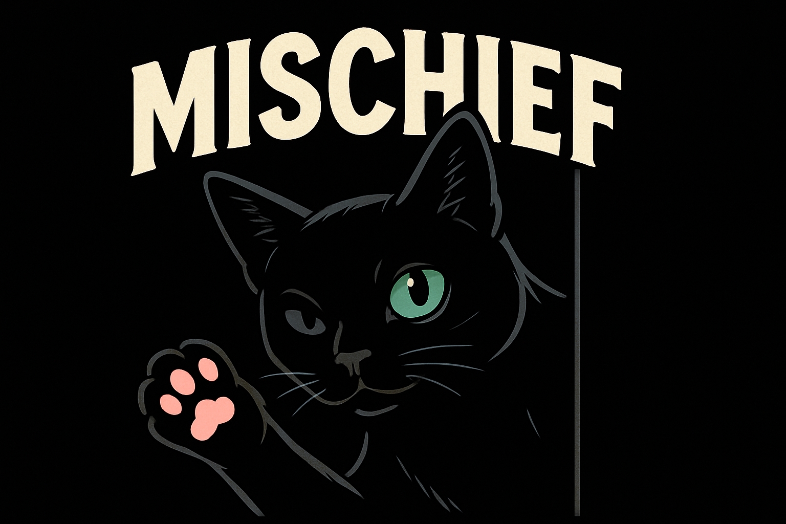 Mischievous One-Eyed Black Cat Illustration T-Shirt