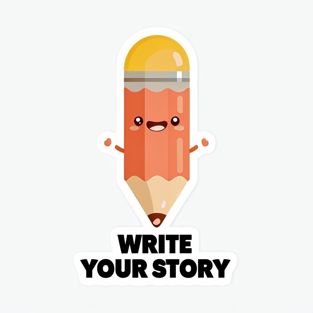 Cute Happy Pencil Character with Write Your Story Sticker