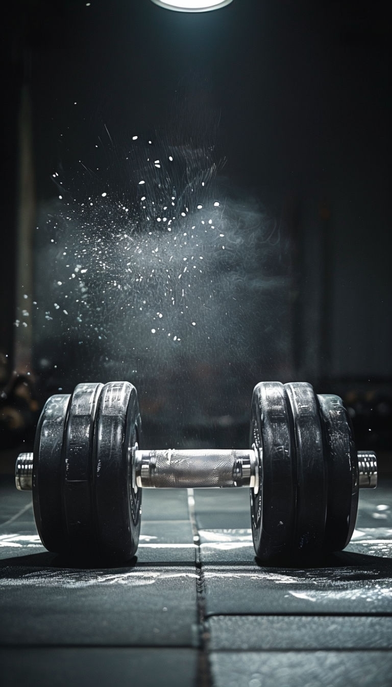 Cinematic Black Dumbbell on Gym Mat with Chalk Dust Mobile Wallpaper