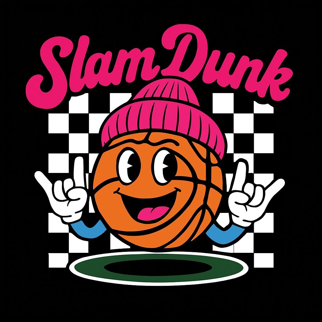 Cheerful Cartoon Basketball Character with Slam Dunk Text T-Shirt
