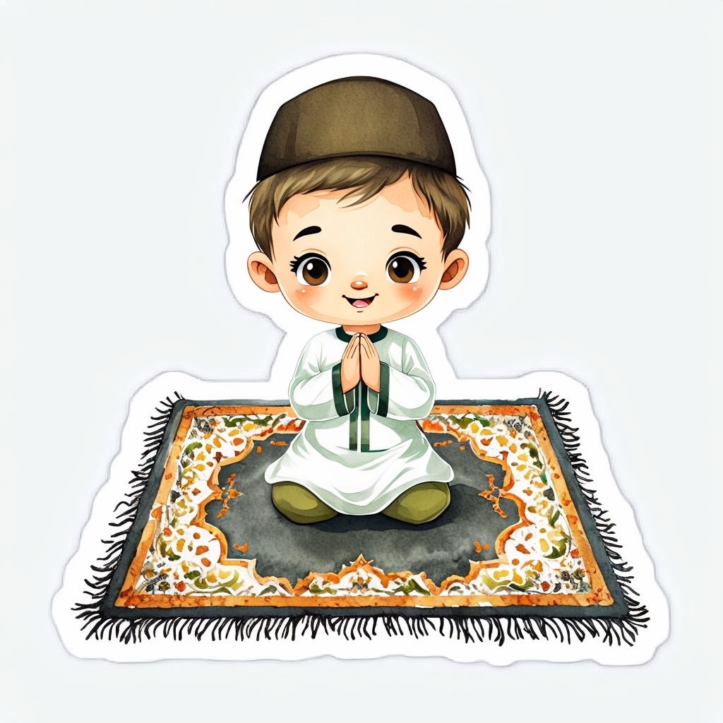 Joyful Child Performing Namaz on Prayer Mat Cartoon Sticker