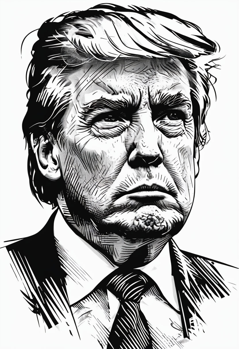 Detailed Black and White Portrait Illustration of Donald Trump Poster