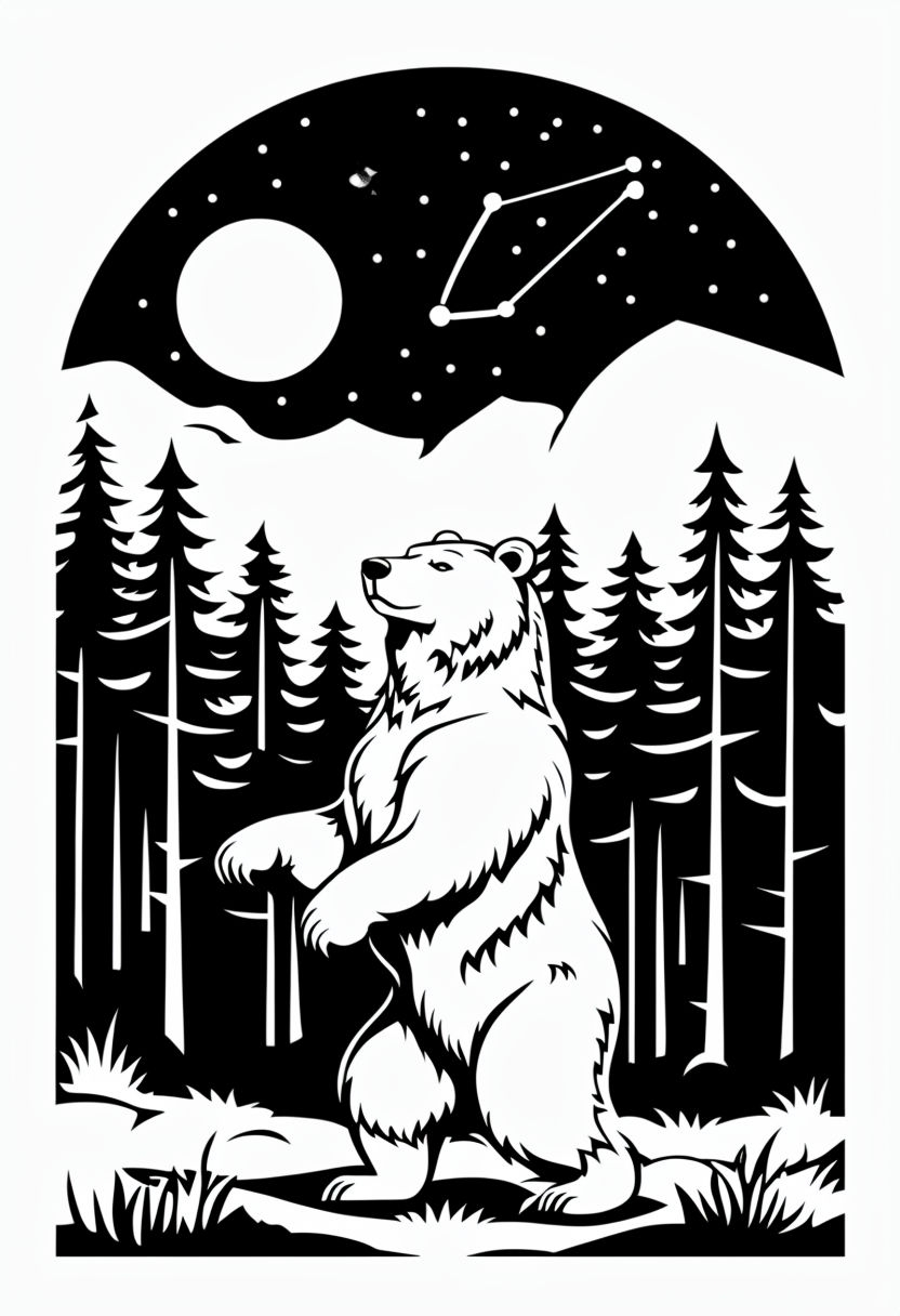 Powerful Bear in Forest Night Scene Coloring Book Page Art