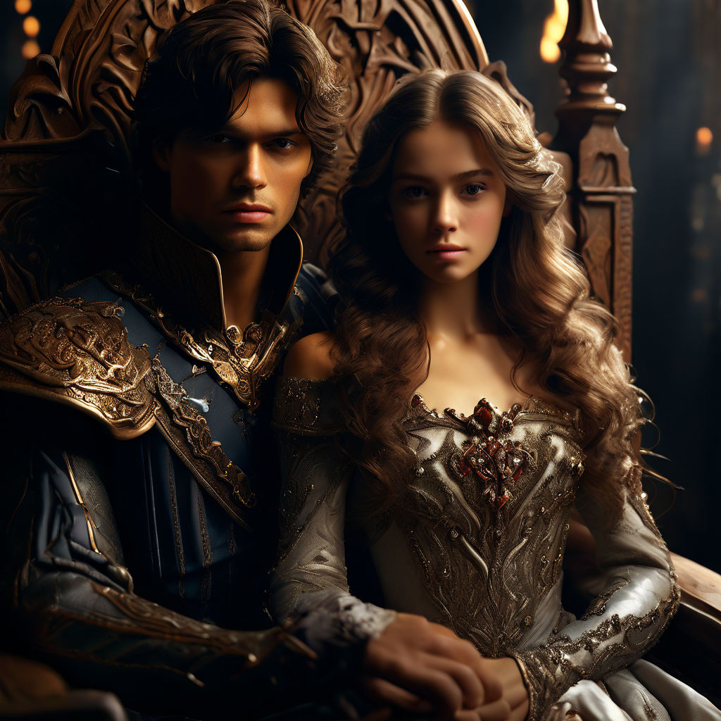 Prince and beautiful princess with brown hair on the throne by Наталья ...