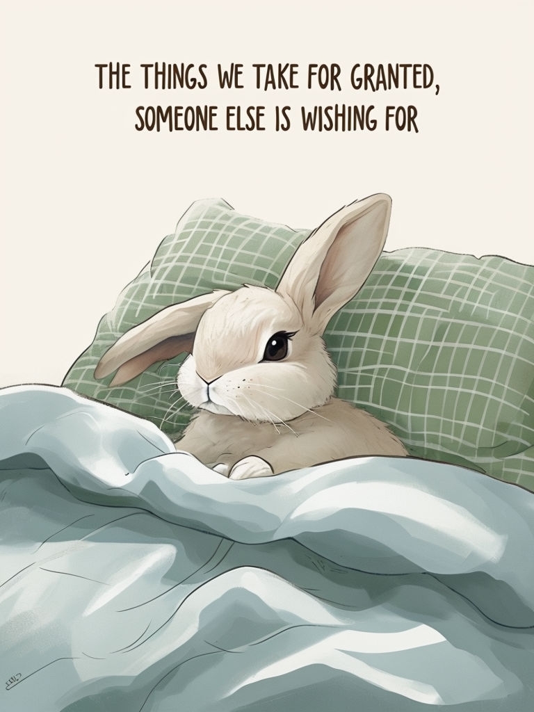 Whimsical Cartoon Rabbit Lying in Bed with Thoughtful Quote Poster