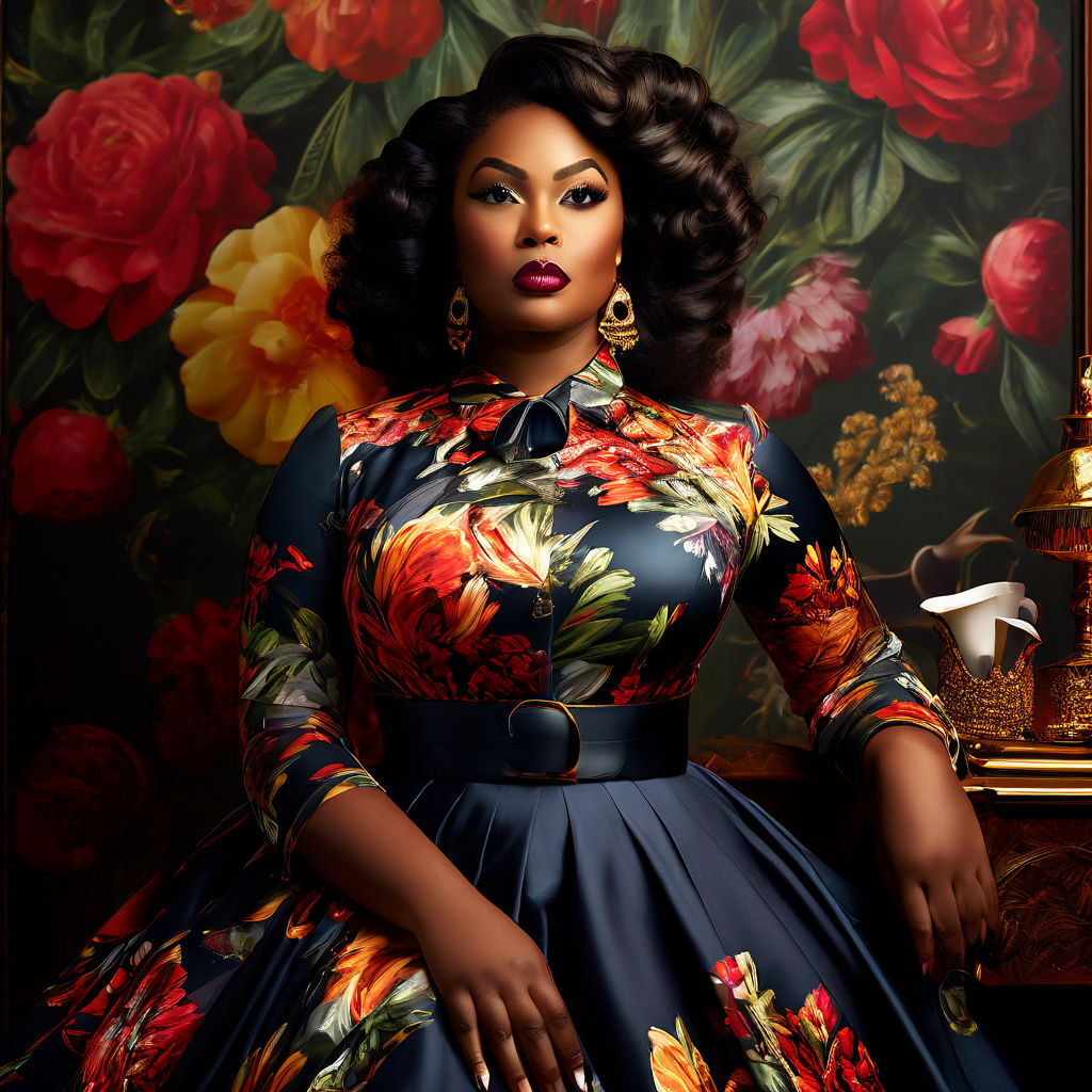 A black Beautiful Curvy woman in a rainbow-coloured dinner gown in a  beautiful cozy lush garden interior. Image of the woman is bold