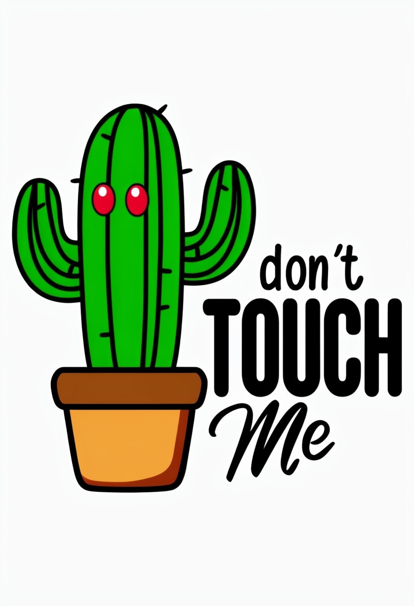 Playful Cartoon Cactus with Touch Me Text Illustration Poster