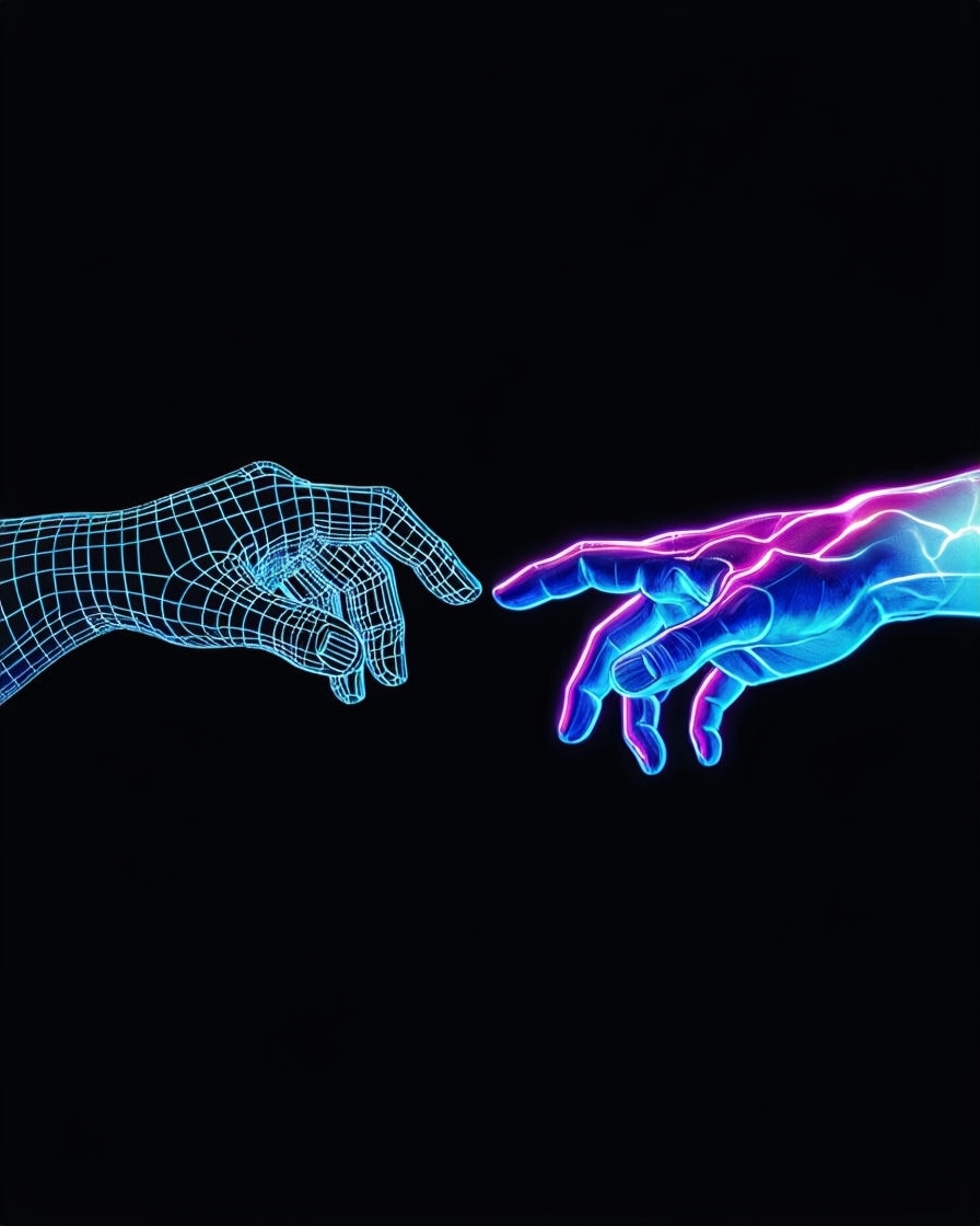 Neon Cybernetic Hands Connection Artwork T-Shirt