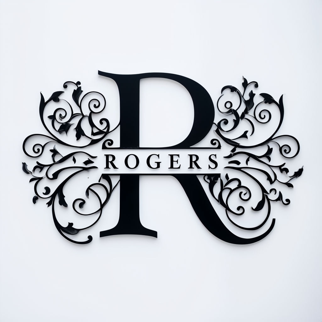 Elegant Black Metal R and I Letter Art with Swirling Patterns Monogram