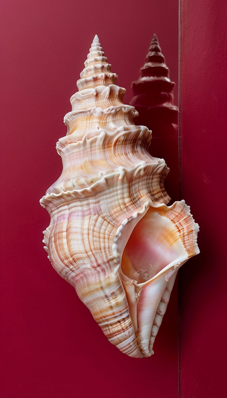 Detailed Conch Shell Close-Up on Crimson Background Mobile Wallpaper
