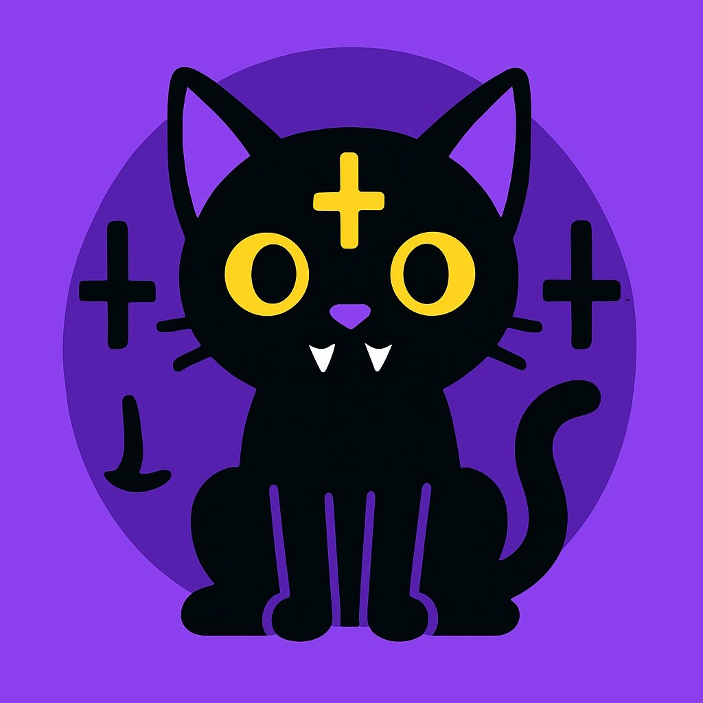 Vibrant Cartoon Black Cat with Symbols on Lavender Background Sticker