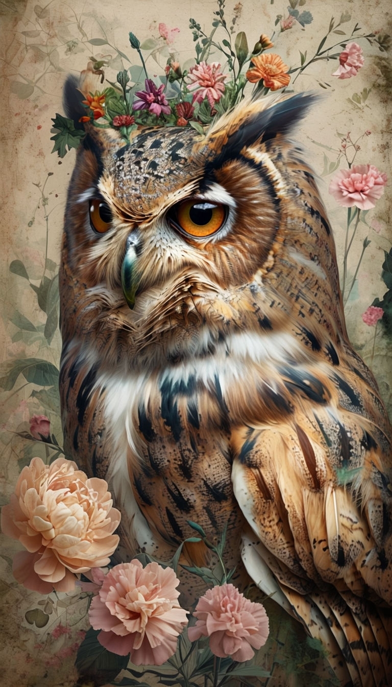 Majestic Owl Surrounded by Floral Elements Art Poster