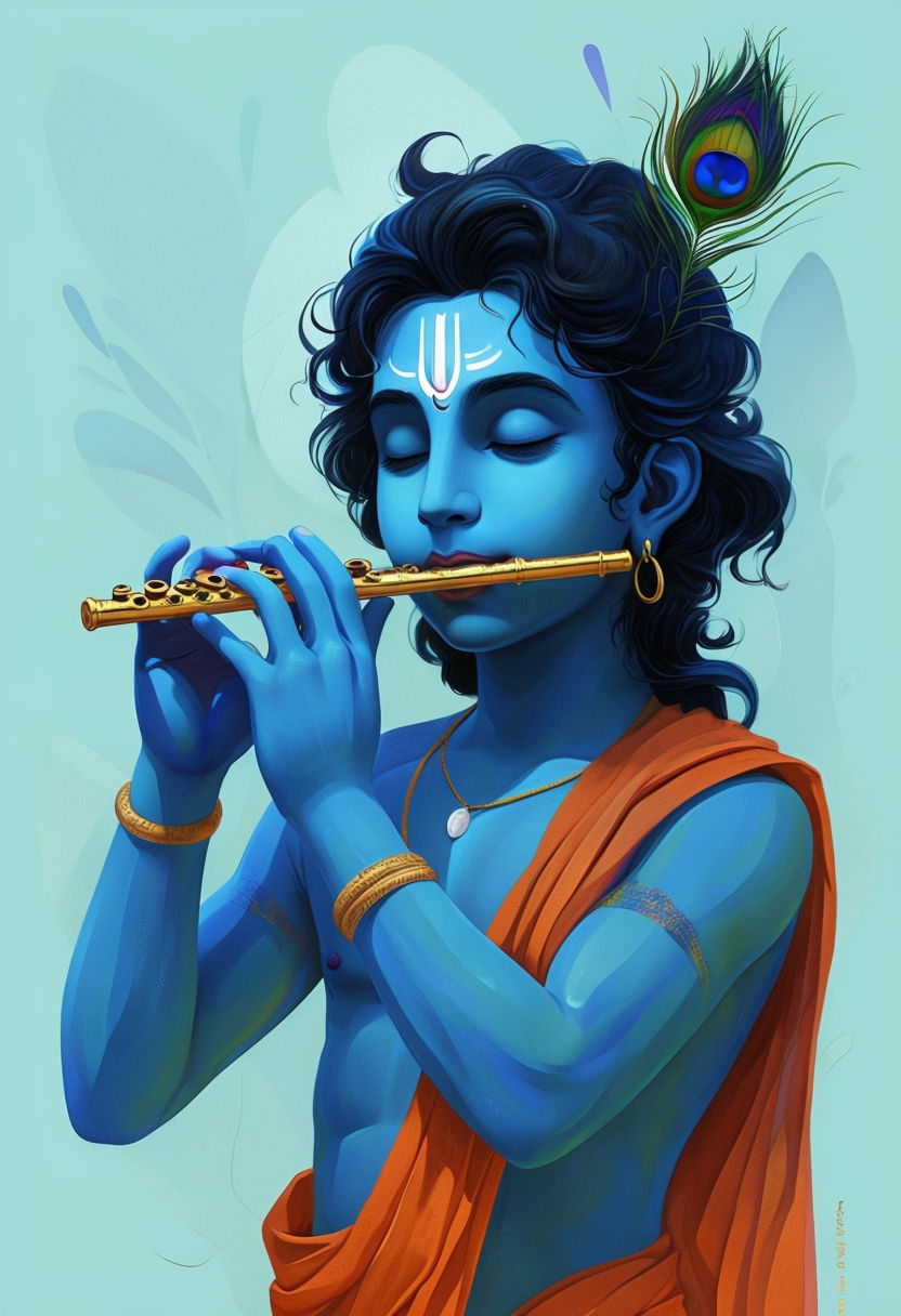 Serene Lord Krishna Flute Illustration in Modern Minimalist Style Art