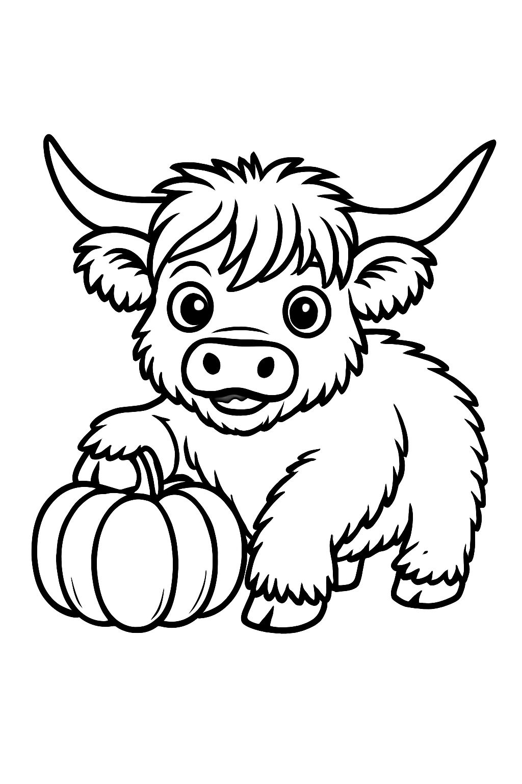 Cute Cartoon Scottish Highland Cow with Pumpkin Coloring Page