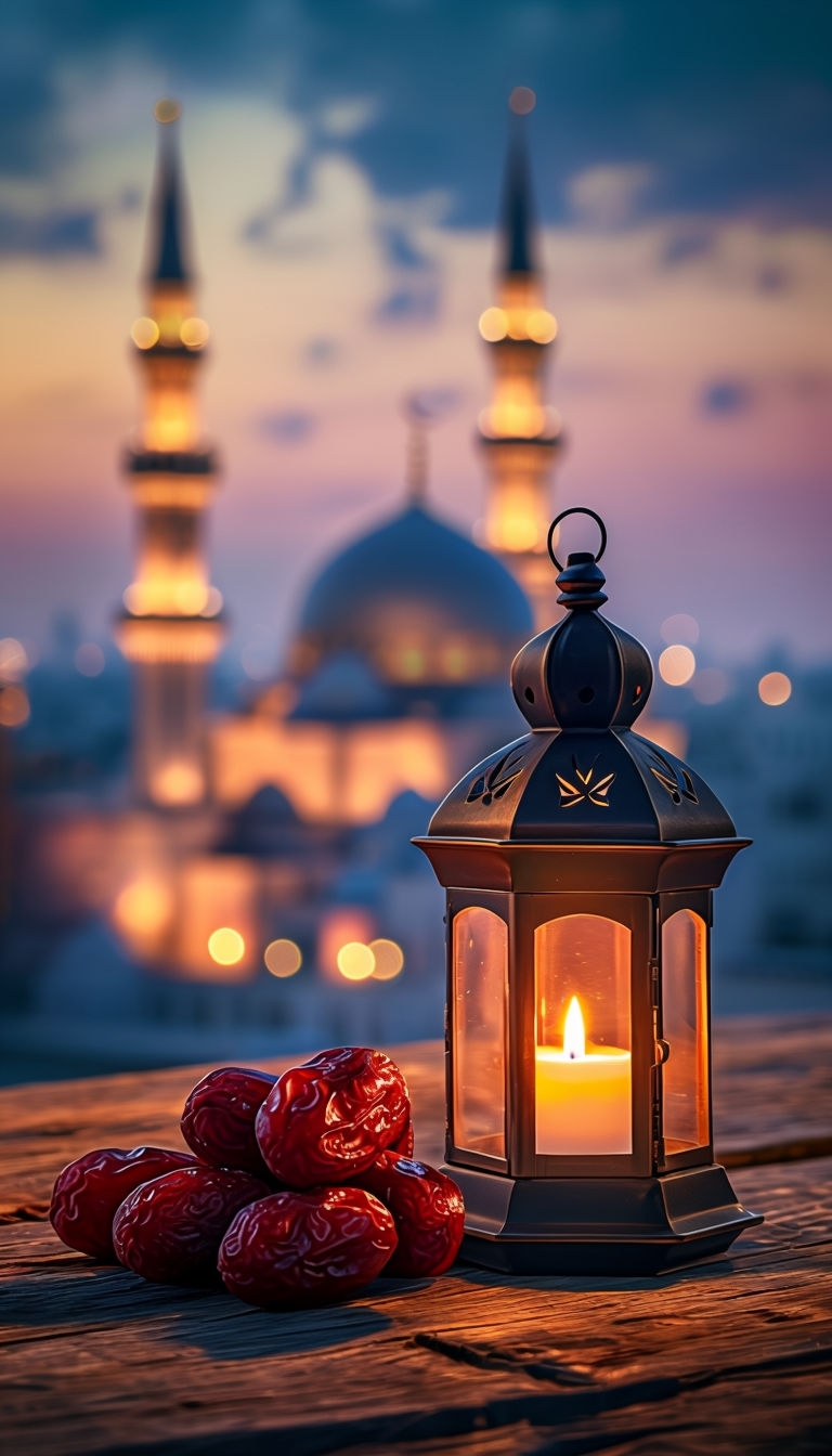 Serene Vintage Lantern and Mosque Scene for Ramadan Mobile Wallpaper