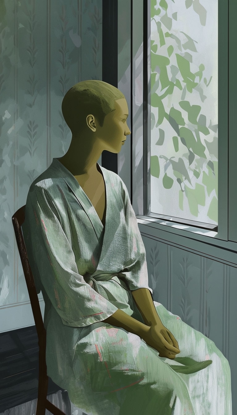 Stylized Figure by Window with Abstract Green View Art