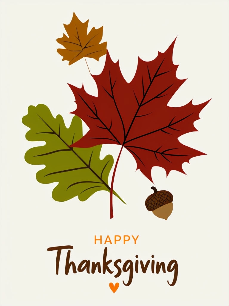 Minimalist Thanksgiving Card with Leaves and Acorn Design