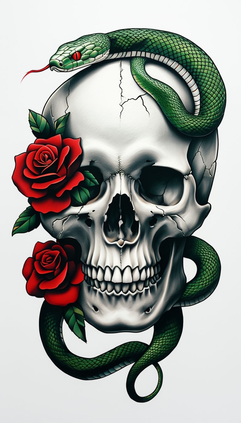 Intricate Tattoo-Style Skull with Roses and Snake Illustration Art