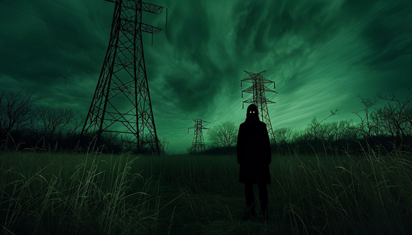 Eerie Night Scene with Shadowy Figure and Power Towers Background