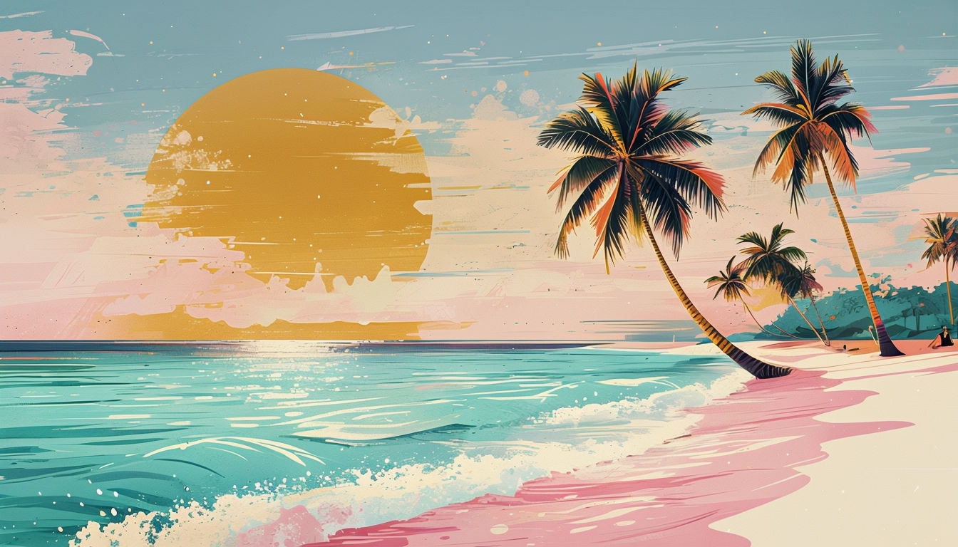 Vibrant Tropical Beach Scene Illustration in Retro Style Background