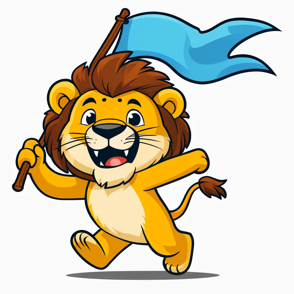 Cheerful Cartoon Lion Character with Flag Illustration Sticker