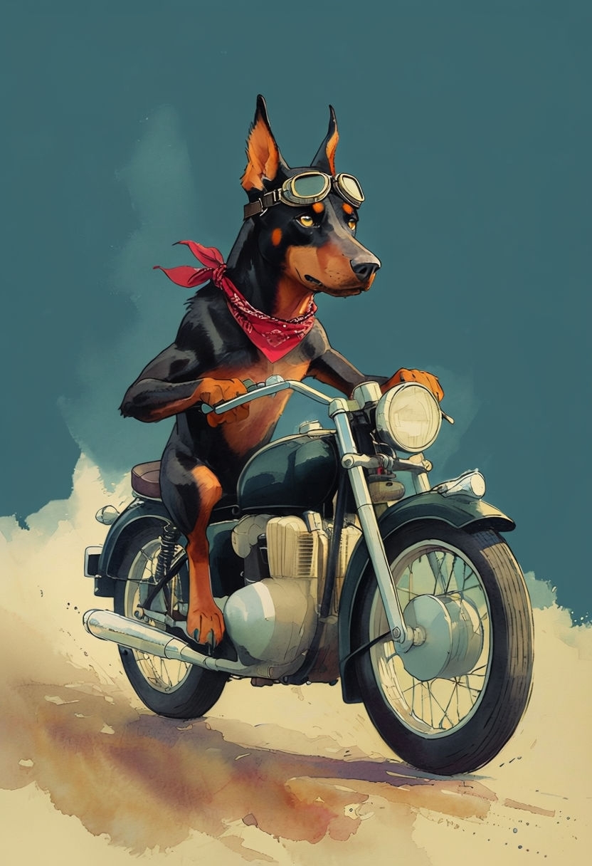 Cool Doberman Riding Vintage Motorcycle in Anime Style Art