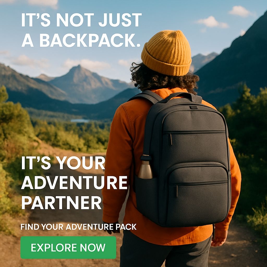 Adventurous Gear Advertisement with Stunning Mountain Landscape Ads