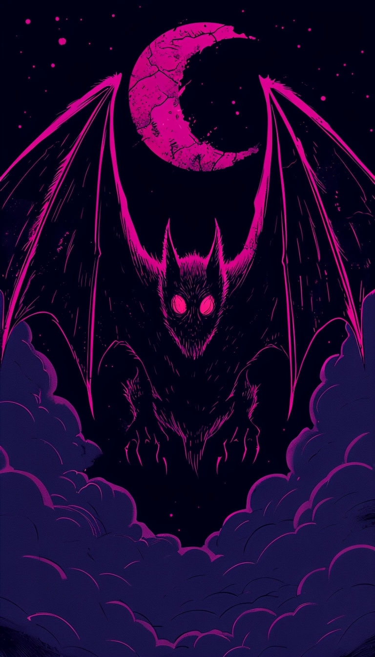 Sinister Bat Creature with Glowing Eyes and Cosmic Elements Mobile Wallpaper