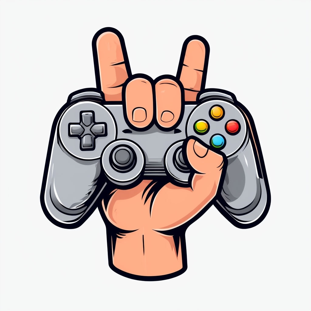 Cartoon Hand Holding Game Controller with Rock On Gesture Sticker