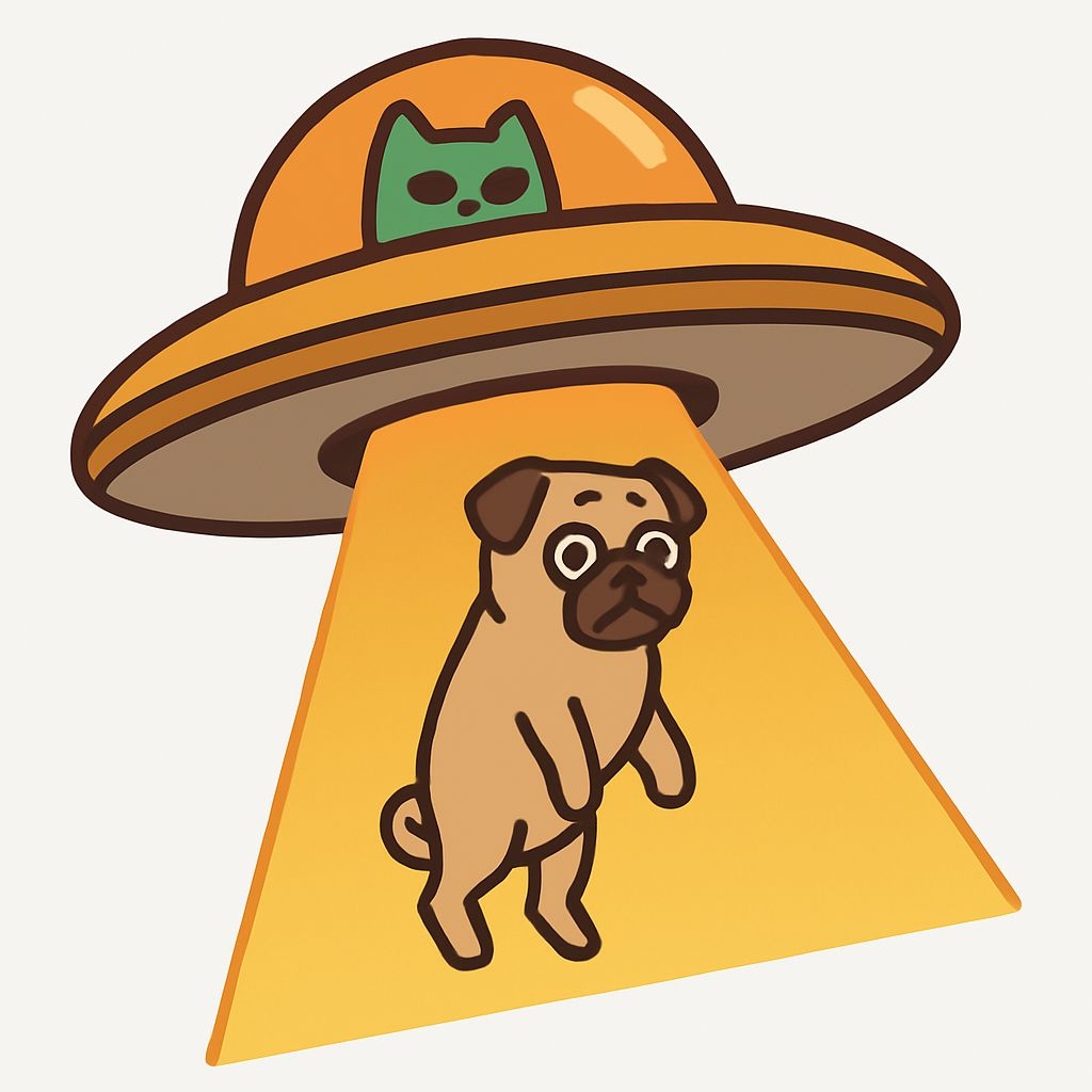Playful Cartoon UFO with Surprised Pug Dog Sticker