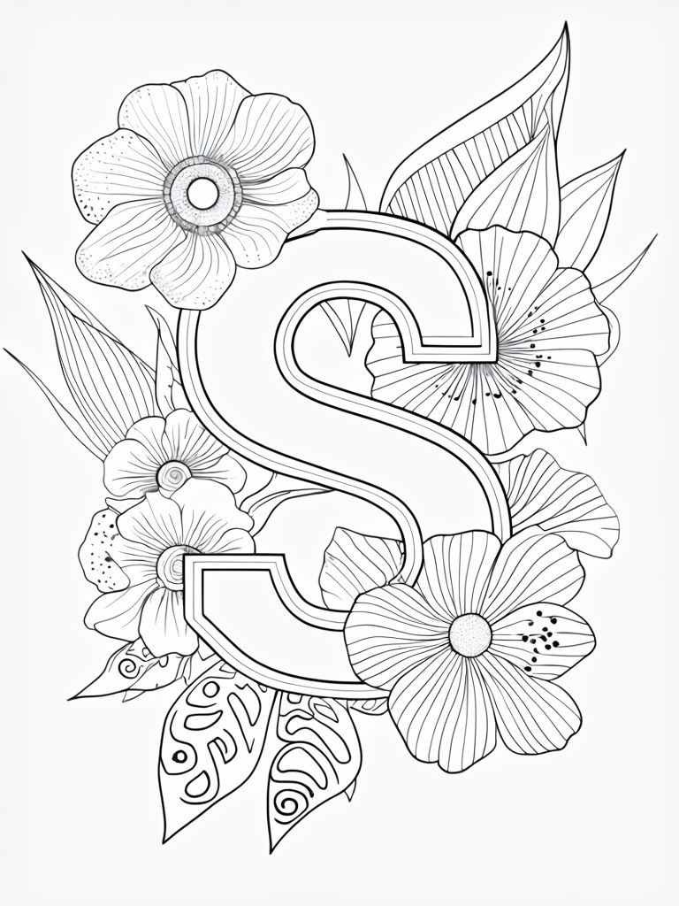 Stylized Letter S Surrounded by Intricate Floral Design Coloring Book Pages