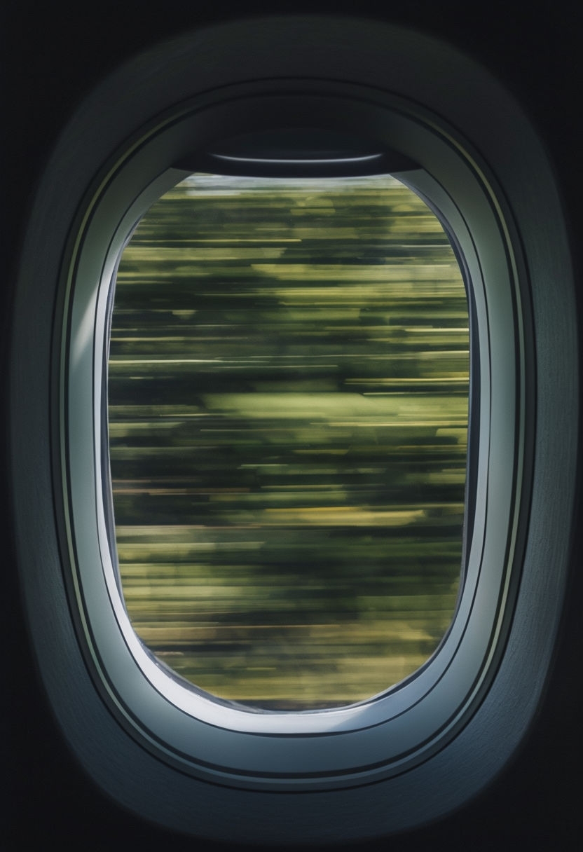 Anime Watercolor Airplane Window Scene with Blurred Landscape Poster