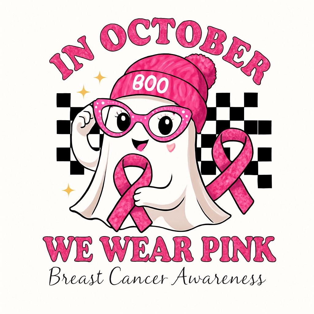 Cheerful Ghost Character Promoting Breast Cancer Awareness Sticker