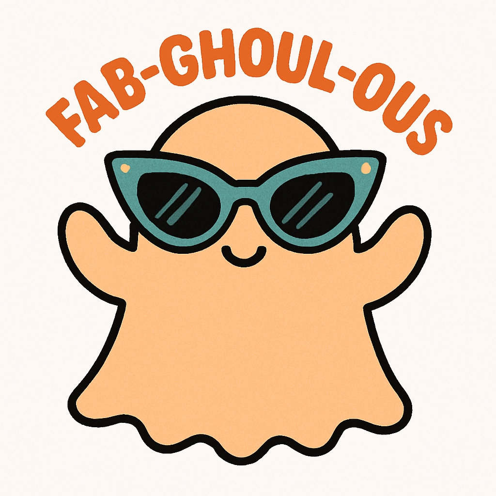 Playful Peach Ghost with Teal Sunglasses and FAB-GHOUL-OUS Text Sticker