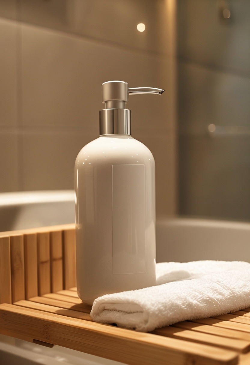 Elegant White Porcelain Dispenser Bottle with Towel Mockup