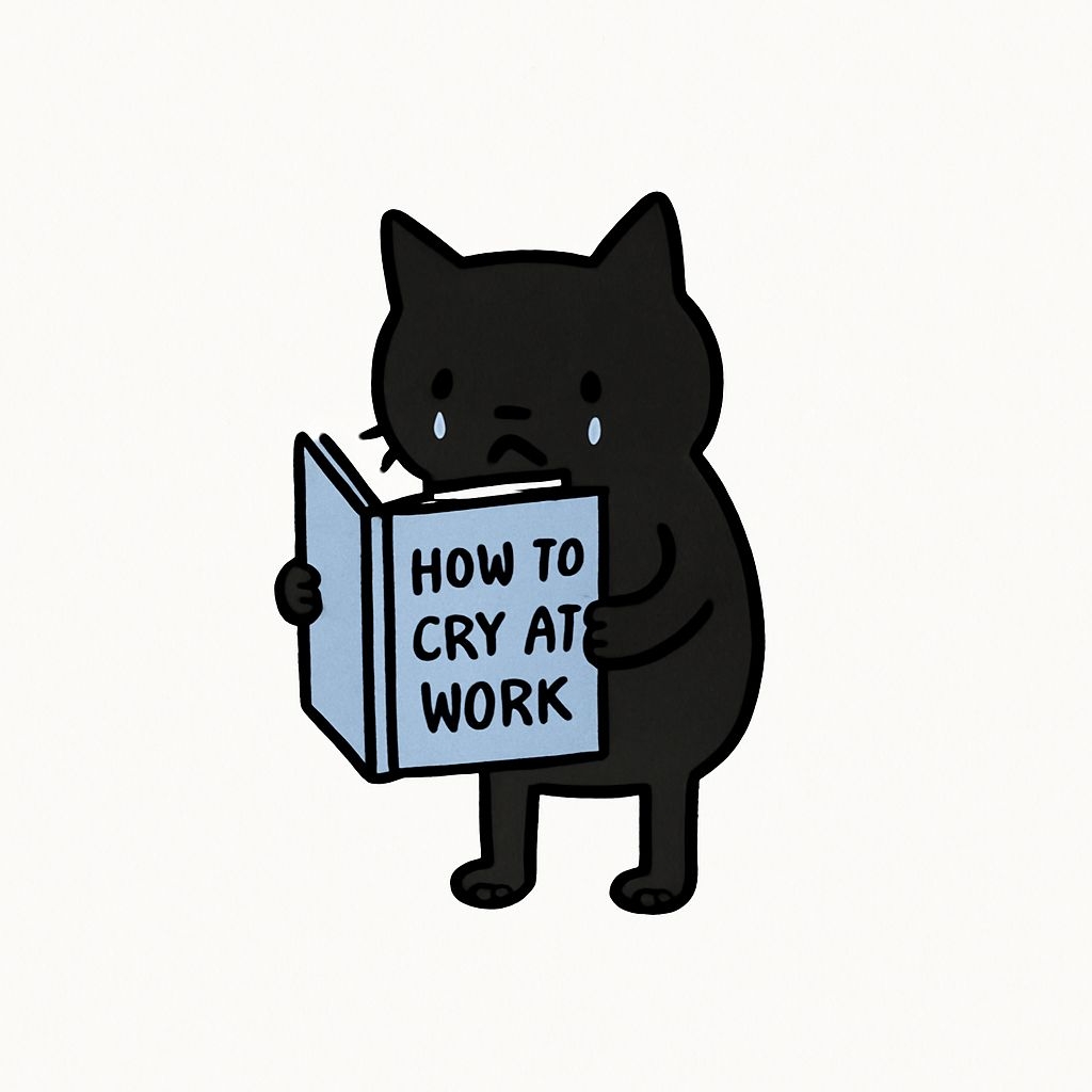 Sad Black Cat Holding Book How to Cry at Work Sticker