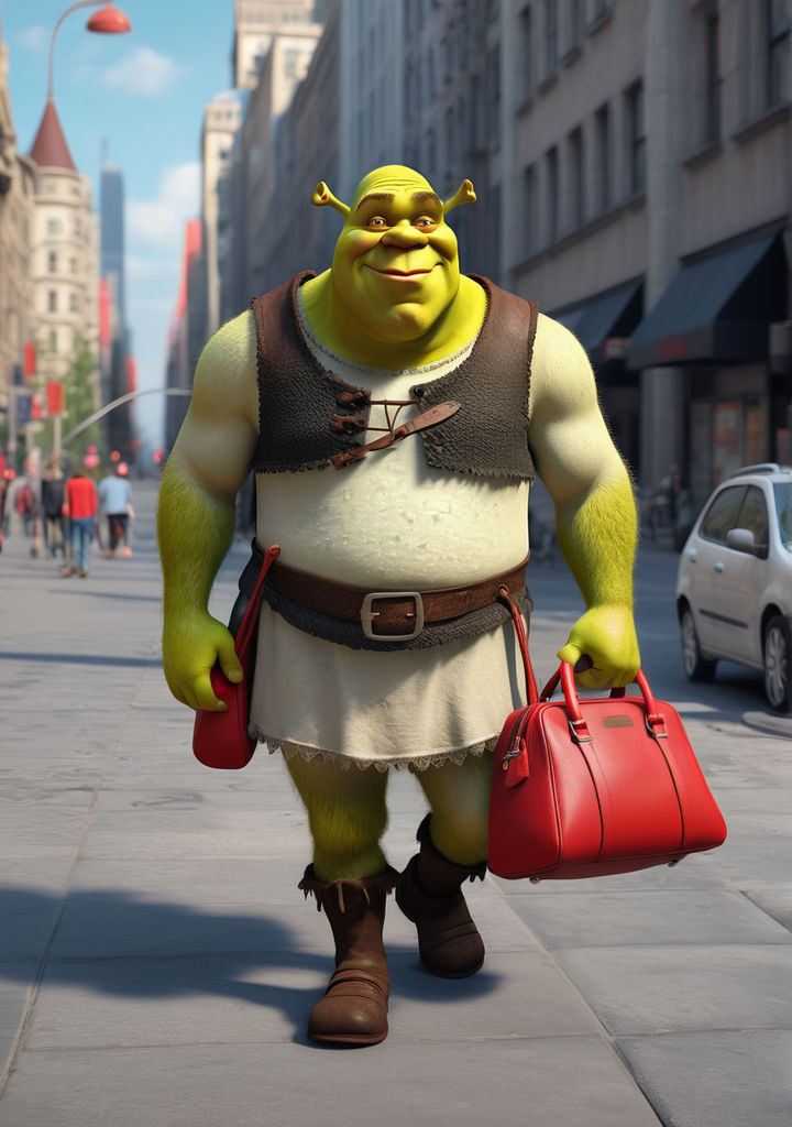 Shrek is walking through the city with a red bag. realistic by Иван ...