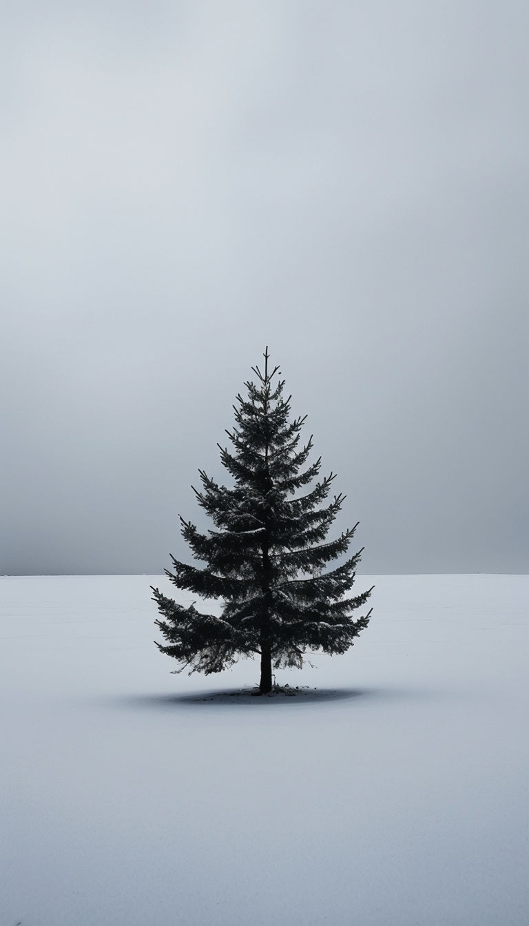 Solitary Evergreen Tree in Snowy Minimalist Landscape Mobile Wallpaper