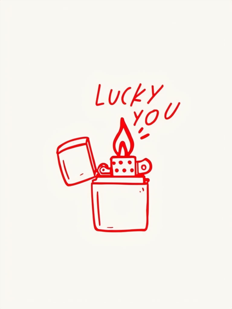 Whimsical Open Lighter with Flame and "Lucky You" Text Sticker