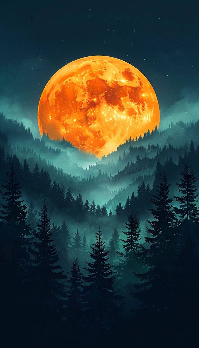Glowing Amber Moon Over Serene Night Forest Landscape Mobile Wallpaper