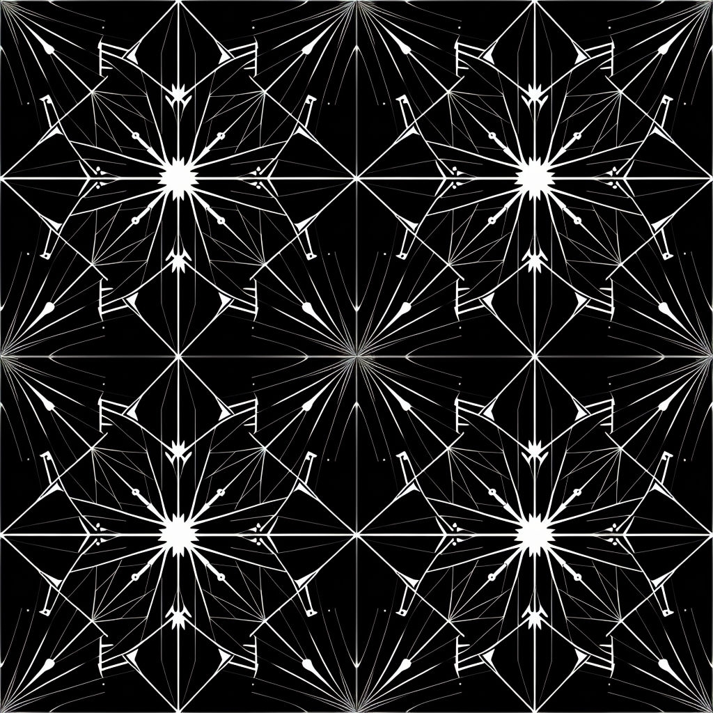 Intricate Symmetrical Geometric Stars Pattern on Black Background Seamless Pattern