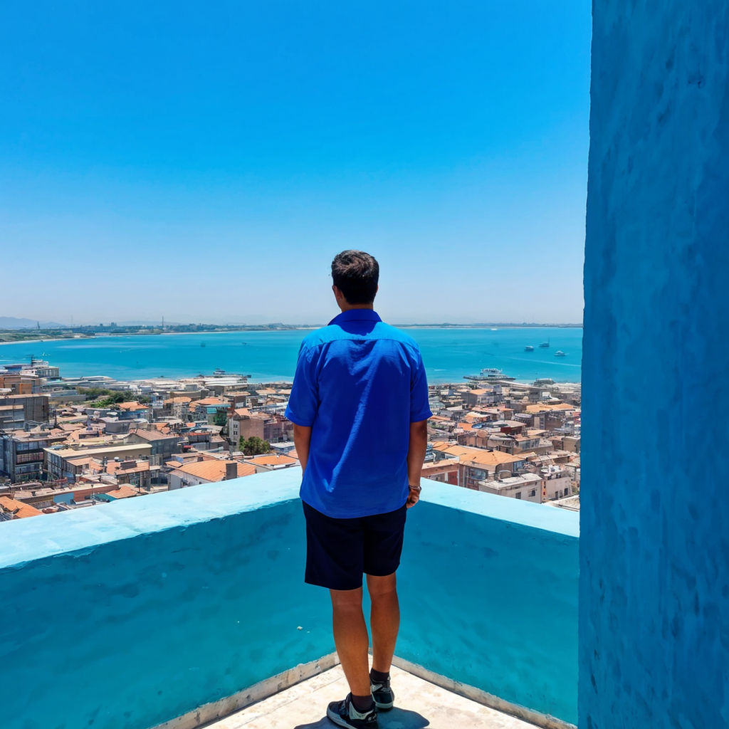 An adult man normal size standing on the top of the building... by ...