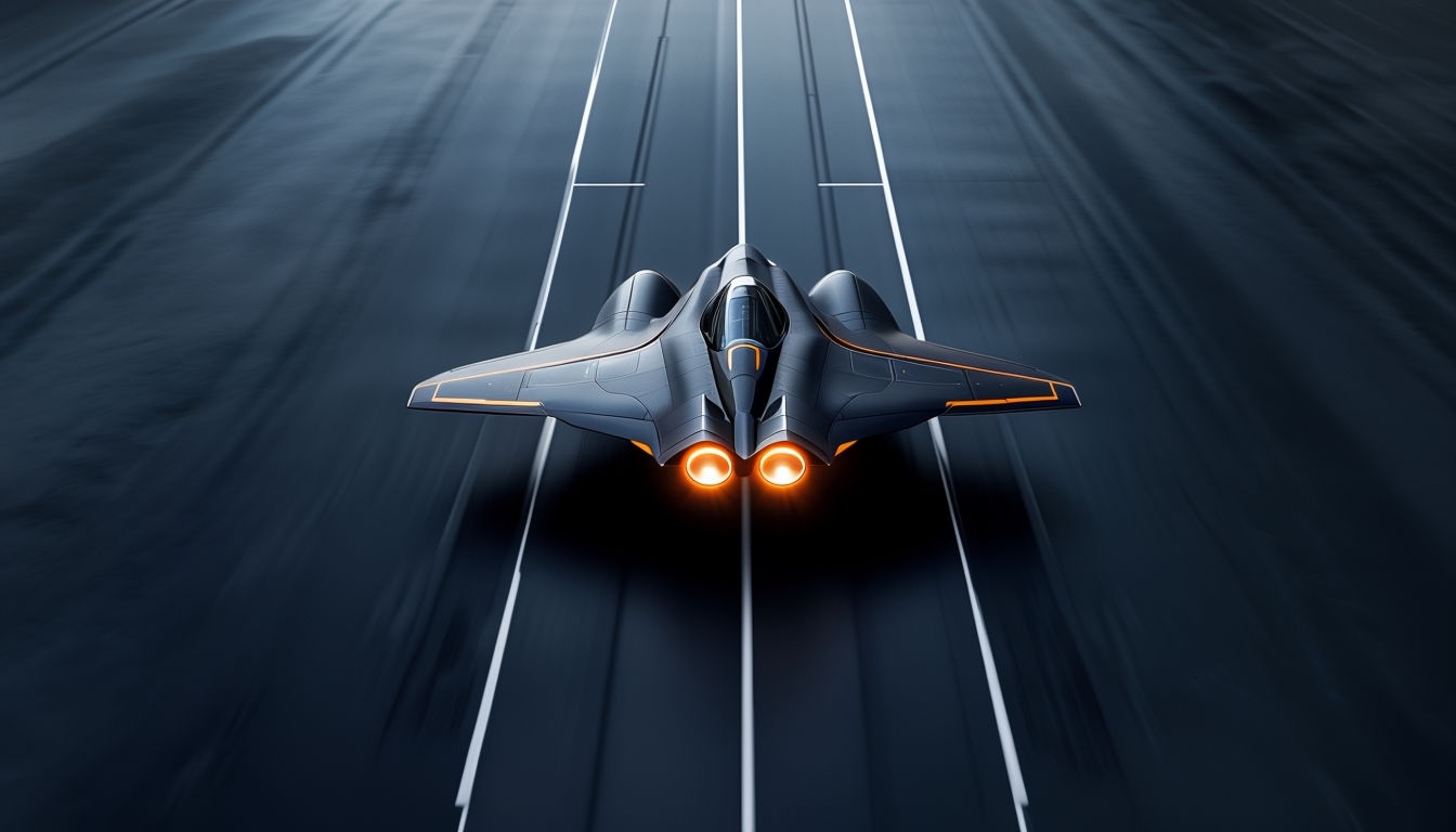 Sleek Spacecraft Acceleration Over Dark Metallic Runway Background Virtual Backgrounds